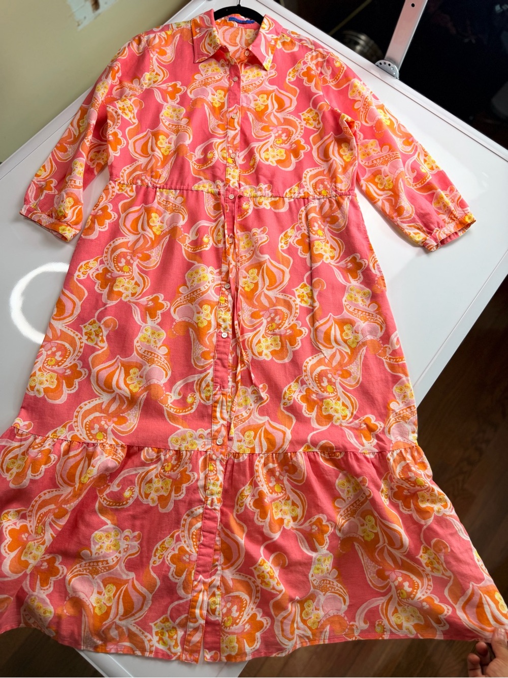 J.Mclaughlin Foley Shirt Dress Women's Large Ruffle Hem Pink Orange Linen Blend